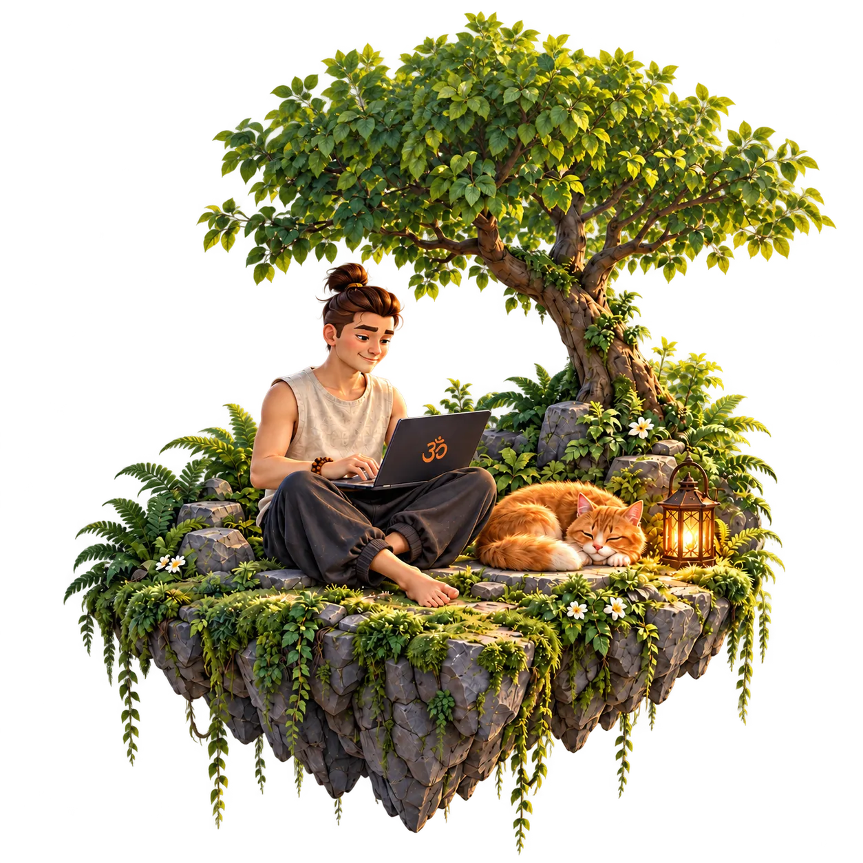 Floating island: Max codes on a laptop next to a sleeping cat